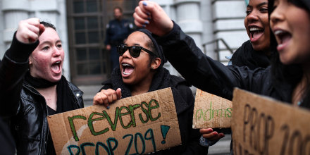 Students hoping for a repeal of California's Proposition 209 hold signs as they protest outside of the Ninth U.S. Circuit Court of Appeals on Feb. 13, 2012 in San Francisco.