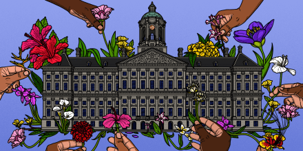 Illustration of flowers being plucked by hands of various dark skin tones from the Royal Palace in Amsterdam. The Royal Palace was built with revenues made from slave labor.