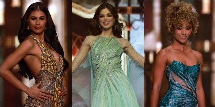 Miss Puerto Rico, Michelle Colon; Miss Paraguay, Nadia Ferreira; Miss USA, Elle Smith, en el destile de gala Miss Universo 2021, 70ª edición