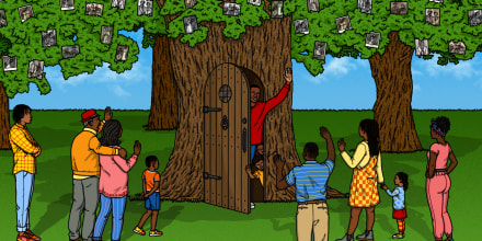 Illustration of Black family members waving hello to a man and his children opening the door to a tree, which has family photos hanging from the branches and leaves.