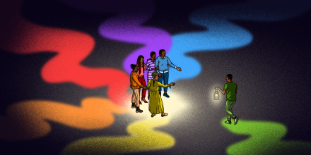 Illustration of Black queer people finding each other on different colored paths as a man approaches with a lantern, navigating through the dark.