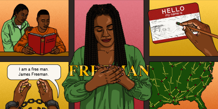 Illustration of Black woman in center, holding her hands on her heart and the name "Freeman."