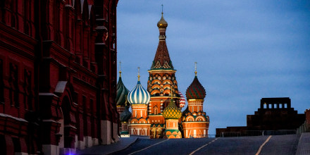 A police car is parked at the closed Red Square in Moscow on March 13, 2022.