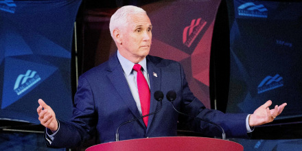 Former Vice President Mike Pence speaks at a campus lecture hosted by Young Americans for Freedom at the University of Virginia in Charlottesville, Va. on April 12.
