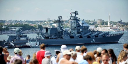 The Moskva guided missile cruiser participates in a Russian military Navy Day parade near an important navy base in the Ukrainian town of Sevastopol on July 31, 2011.
