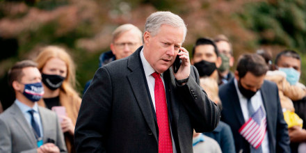 Mark Meadows on the phone as he waits for Donald Trump to depart the White House on October 30, 2020.