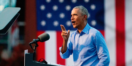 Barack Obama addresses Biden-Harris supporters during a drive-in rally in Philadelphia, Penn. on Oct. 21, 2020.