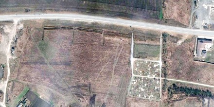 Maxar satellite imagery of the expansion of the mass grave site on the northwestern edge of Manhush, Ukraine, 12 miles north of Mariupol.