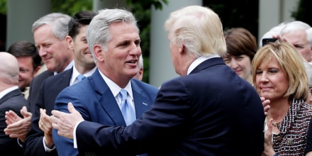 Donald Trump greets Rep. Kevin McCarthy during a Rose Garden event on May 4, 2017 at the White House in Washington, D.C.