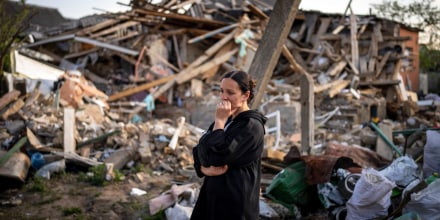 A destroyed home in Irpin