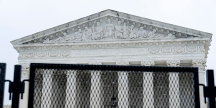 An un-scalable fence stands around the US Supreme Court in Washington, D.C. on May 7.