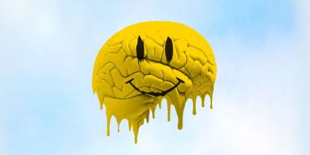 Photo illustration: A melting yellow colored brain with two eyes and a quivering smile.