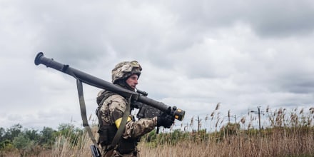 A Ukrainian soldier is seen with an anti-aircraft weapon in Donetsk Oblast, Ukraine