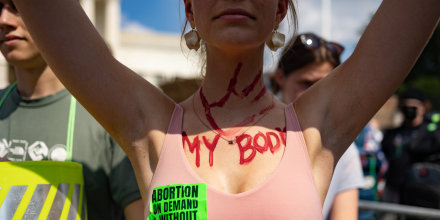 An abortion rights demonstrator  outside the Supreme Court on  June 24, 2022.