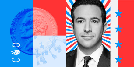 Photo illustration: A mosaic with images of a coin, a Covid spore, Ari Melber, with overlays showing oval boxes from the ballot and stars.