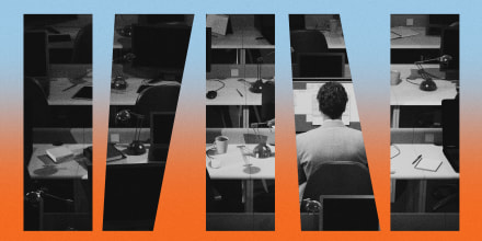 Photo illustration of bent panels showing a man sitting at a work desk in an empty office.