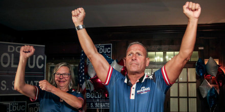 Republican Senate candidate Don Bolduc and his wife Sharon celebrate during a primary night campaign gathering on Sept. 13, 2022, in Hampton, N.H.
