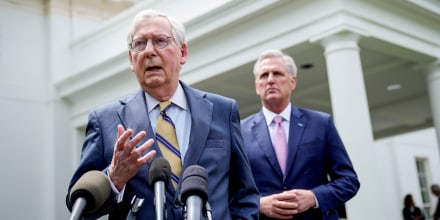 Senate Minority Leader Mitch McConnell and House Minority Leader Kevin McCarthy outside the White House on May 12, 2021 in Washington, D.C.