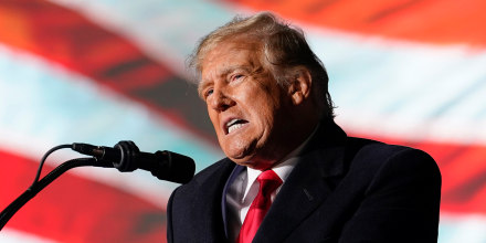 Former President Donald Trump speaks at a campaign rally in support of the campaign of Ohio Senate candidate JD Vance at Wright Bros. Aero Inc. at Dayton International Airport on Monday, Nov. 7, 2022, in Vandalia, Ohio.