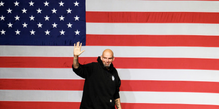 Democratic Senate candidate John Fetterman waves during an election night party in Pittsburgh, on Nov. 9, 2022.