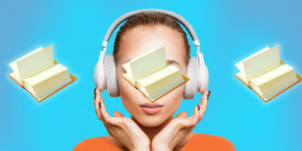 Photo illustration: Books float over an image of a woman with her headphones on.