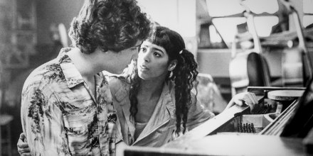 Bruno Martelli played by Lee Curreri, tries to convince Coco Hernandez played by Irene Cara, that they should form a rock band, in a scene from 'Fame,' 1980.