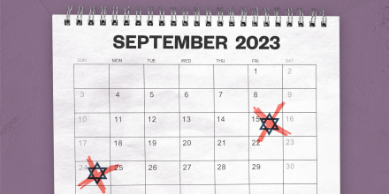 Calendar of September 2023 with the dates of Rosh Hashanah and Yom Kippur crossed out.