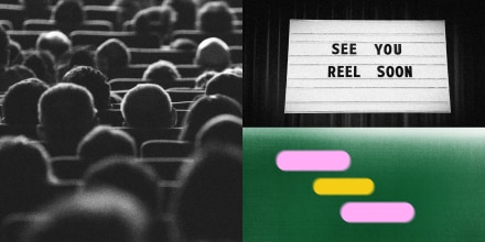 Photo illustration of people at a movie theater and a marquee sign reading "See You Reel Soon"