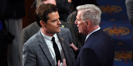 Image: Rep. Kevin McCarthy speaks to Rep. Matt Gaetz in the House Chamber. 