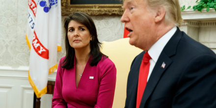 President Donald Trump speaks during a meeting with then-U.S. Ambassador to the United Nations Nikki Haley in the Oval Office of the White House in Washington, D.C.