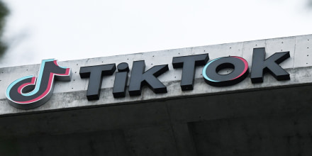 The TikTok logo on outside the company's offices in Culver City, Calif.