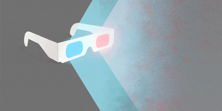 Ilustración animada de unos anteojos para ver películas 3D, con un lente rojo y el otro azul