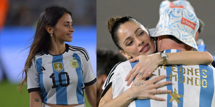 Antonela Roccuzzo y Tini Stoessel en el partido Argentina vs Panamá.