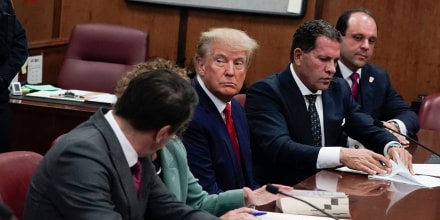 Former President Donald Trump appears in court at the Manhattan Criminal Court in New York on April 4, 2023. 