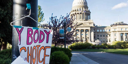 A sign supporting abortion rights in front of the Idaho Capitol on May 3, 2022.