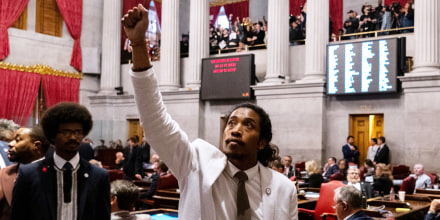 Rep. Justin Jones raises a fist during his expulsion vote in the Tennessee state legislature