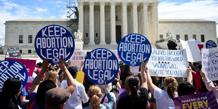 Demonstrators rally in support of abortion rights outside the Supreme Court on April 15, 2023.