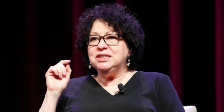 Supreme Court Associate Justice Sonia Sotomayor gestures while speaking with actress Eva Longoria Baston to discuss Sotomayor's life story and promote her new book during an event at George Washington University, Friday, March 1, 2019 in Washington.