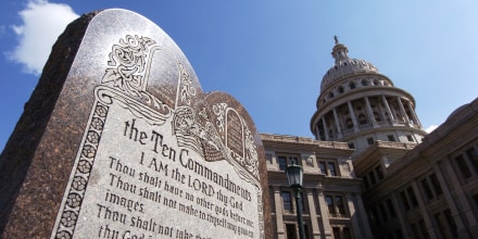 A six-foot high tablet of the Ten Commandment on the grounds of the Texas Capitol Building in Austin, Texas