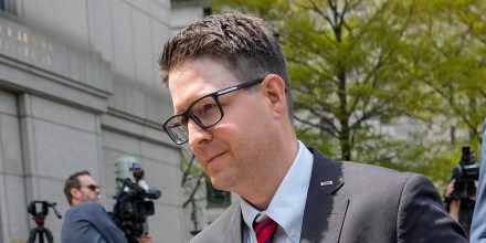 Brian Kolfage leaves court in New York on April 26, 2023, after being sentenced for defrauding donors in the "We Build the Wall" effort.