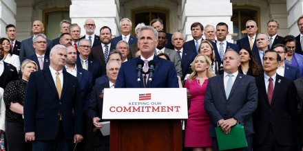 Kevin McCarthy at an event celebrating 100 days of House Republican rule at the Capitol Building