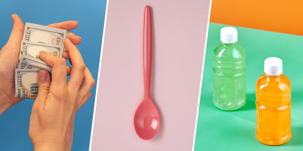 hands counting money; a spoon; colorful water bottles