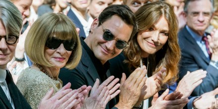 Anna Wintour, Roger Federer, and Carla Bruni attend the press preview of The Costume Institute's exhibition Karl Lagerfeld: A Line of Beauty at The Metropolitan Museum of Art in New York on May 1, 2023.