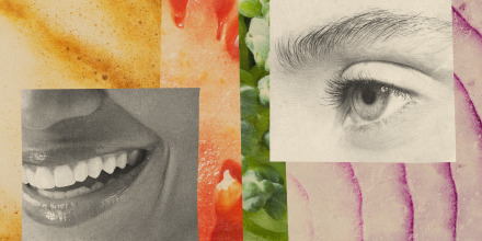 Photo illustration of close ups of coffee, tomato, broccoli and red onion with photos of a woman's smiling mouth and a woman's eye and brow.