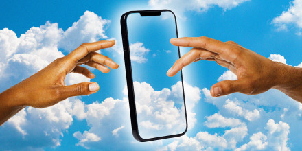 Photo illustration of two Black hands reaching for a glowing phone with a blue sky and clouds backdrop and screen.