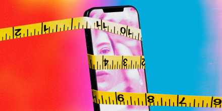 Photo illustration of a measuring tape wrapped around a phone screen showing distorted and reflected faces.