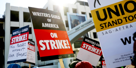 Writers Guild of America members rally in front of Sony Pictures in Culver City, Calif.