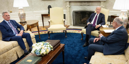 (L to R) Speaker of the House Kevin McCarthy (R-CA), US President Joe Biden, Senate Majority Leader Charles E. Schumer (D-NY), and House Minority Leader Hakeem Jeffries (D-NY) wait before a meeting about the United States's debt ceiling in the Oval Office of the White House May 9, 2023, in Washington, DC. Biden and Republican leaders met in hopes of breaking an impasse over the US debt limit. The lifting of the national debt ceiling  allows the government to pay for spending already incurred.