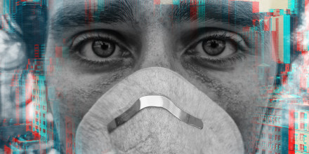 Double exposure portrait of face of young man wearing face mask against virus epidemic and a New York City skyline.