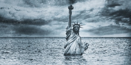 Statue of Liberty sinking in the Atlantic Ocean.